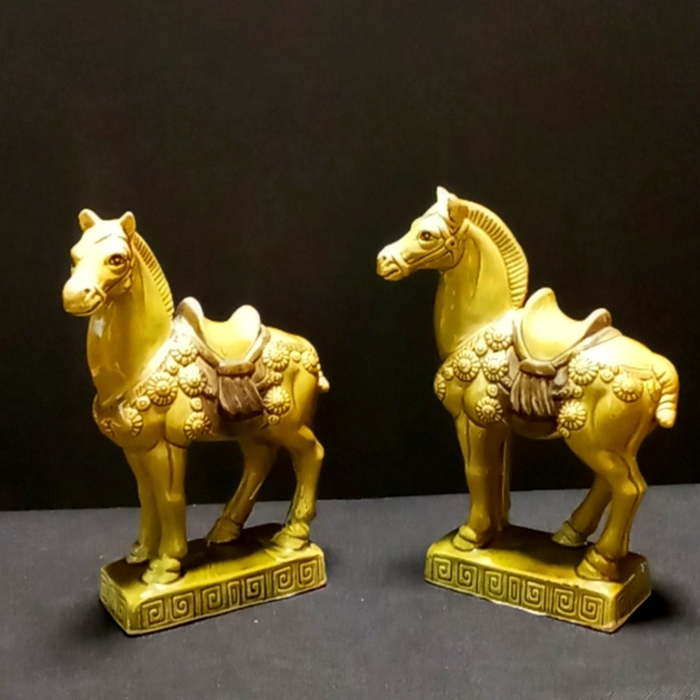 Vintage Mid-Century Chinese Tang Style Green Ceramic Horse Figurines